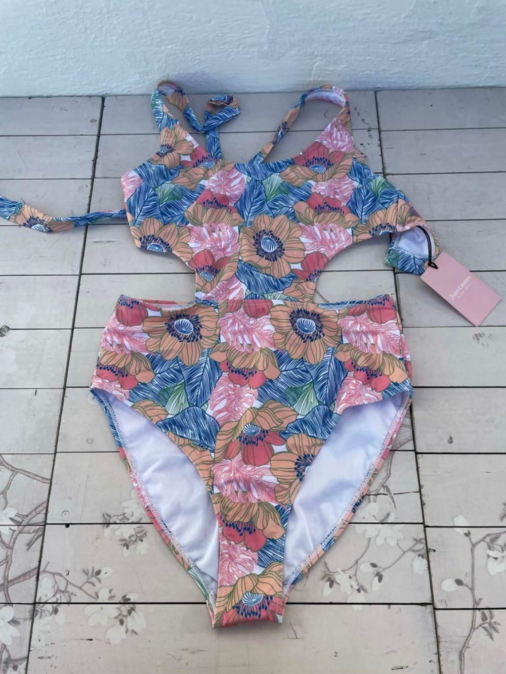 Juicy Couture Floral Cutout One-Piece Swimsuit - Pink, Blue, Peach